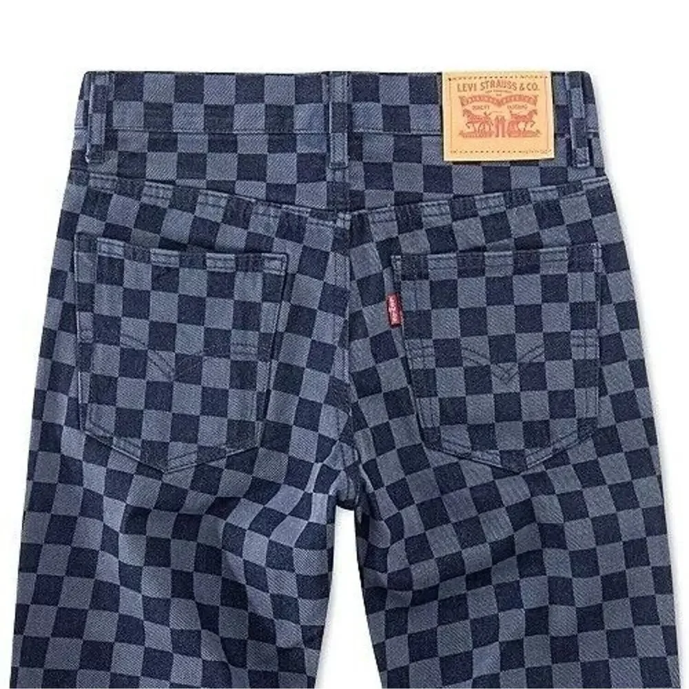 Levis 502 Boys Checkerboard Print Taper Fit Denim Shorts Size 16 Regular Check